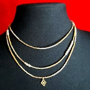Mini Rhombus Charm Triple Layer Seed Beaded Necklace Three Delicate Layers